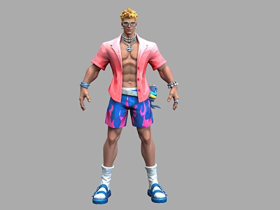 Man With Blonde Hair Wearing Pink Shirt Blue Pink Shorts White Socks And Blue Sandals 3d model