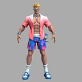 Man With Blonde Hair Wearing Pink Shirt Blue Pink Shorts White Socks And Blue Sandals