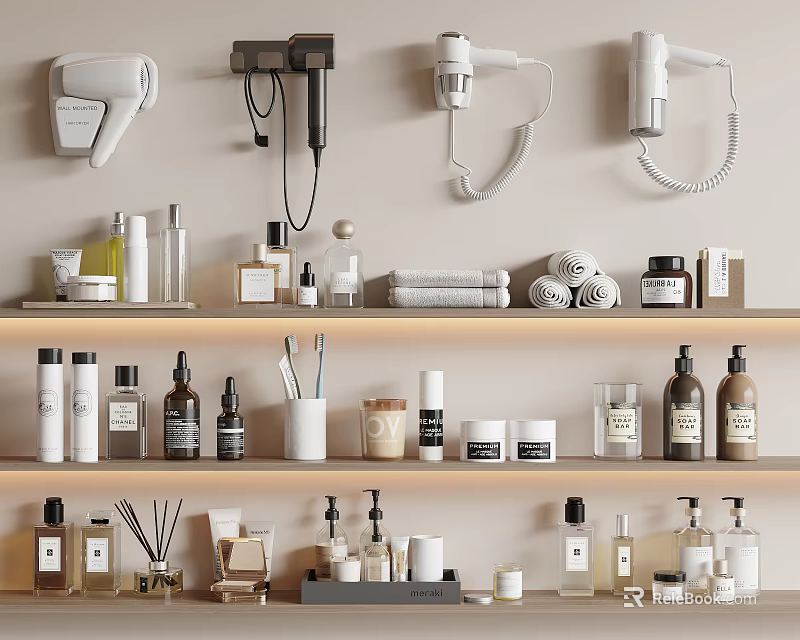 Essential Bathroom Toiletries With Wall Mounted Hair Dryers Shampoo Bottles Towels And Aromatherapy Products 3d model 