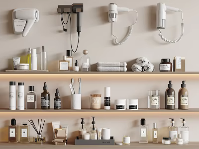 Essential Bathroom Toiletries With Wall Mounted Hair Dryers Shampoo Bottles Towels And Aromatherapy Products 3d model