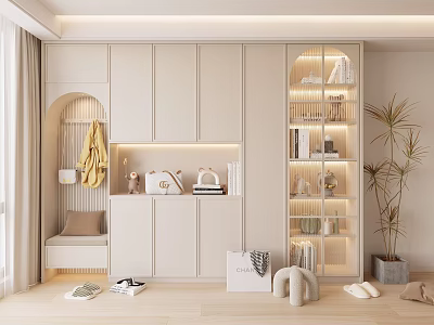Modern Shoe Cabinet With Built in Open Shelves Storage Coat Rack And Decorative Plants 3d model