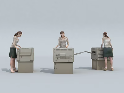 Three Women Standing In Front Of Different Machines And Operating Equipment At Workplace 3d model