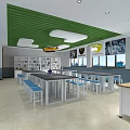 School Cafeteria Space With Green Ceiling White Lockers Long Tables And Blue Stools 3d model