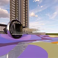 Modern Entrance Gate Design With Stone Wall Metal Canopy And High Rise Building