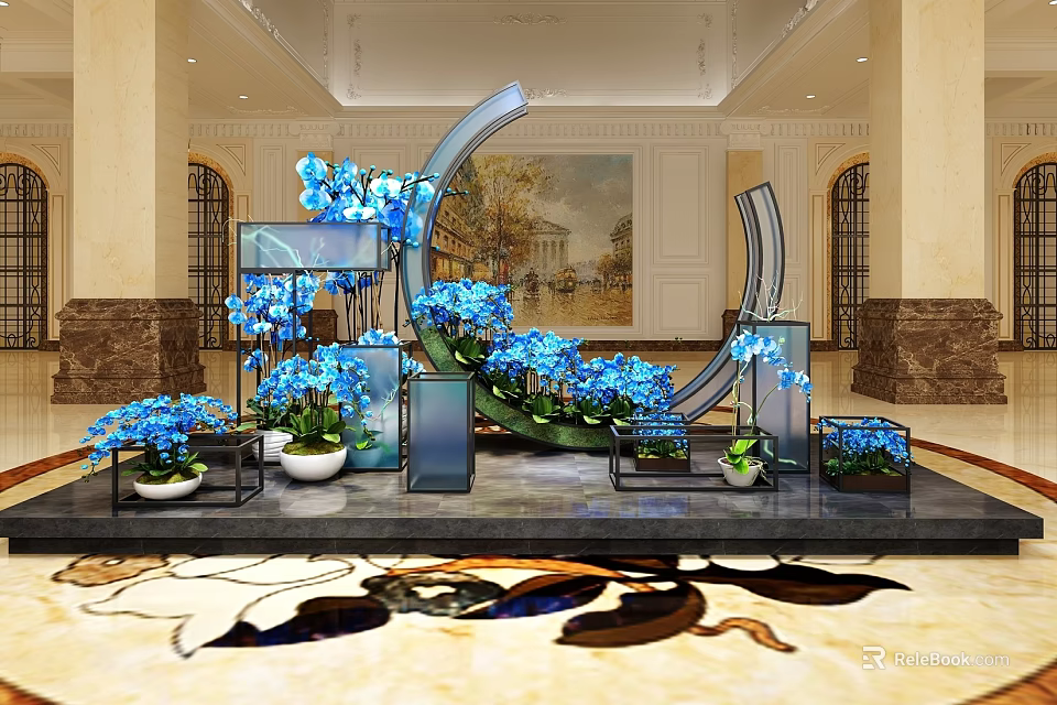 Elegant Floral Display in Lobby with Blue Flowers Curved Decorative Structures and Display Stands 3d model 