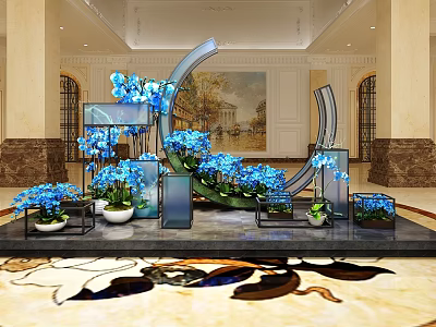Elegant Floral Display in Lobby with Blue Flowers Curved Decorative Structures and Display Stands 3d model