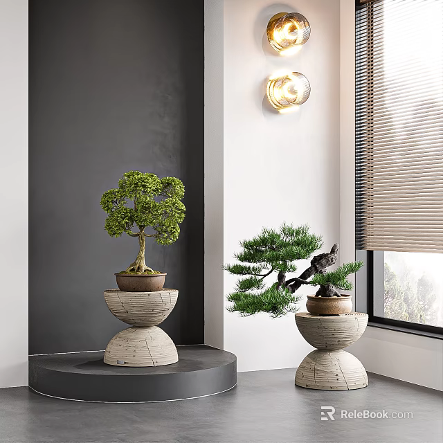 Bonsai Plants On Stone Pedestals In Modern Interior With Grey Wall And Window Blinds 3d model 
