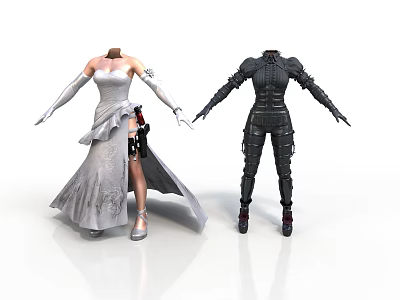 Elegant Woman in White Gown with Long Gloves and Black Armored Outfit 3d model