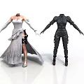 Elegant Woman in White Gown with Long Gloves and Black Armored Outfit