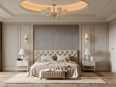Elegant Beige Bedroom Interior With Tufted Headboard Geometric Paneled Wall Chandelier And Bedside Table Lamps 3d model