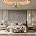 Elegant Beige Bedroom Interior With Tufted Headboard Geometric Paneled Wall Chandelier And Bedside Table Lamps