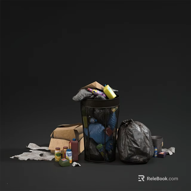 Household Items Trash Bin With Garbage Bags Cardboard Boxes And Bottles 3d model 