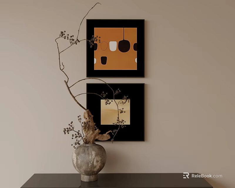 Black Framed Oil Paintings With Orange White Hues Hanging On Beige Wall Near Silver Vase 3d model 