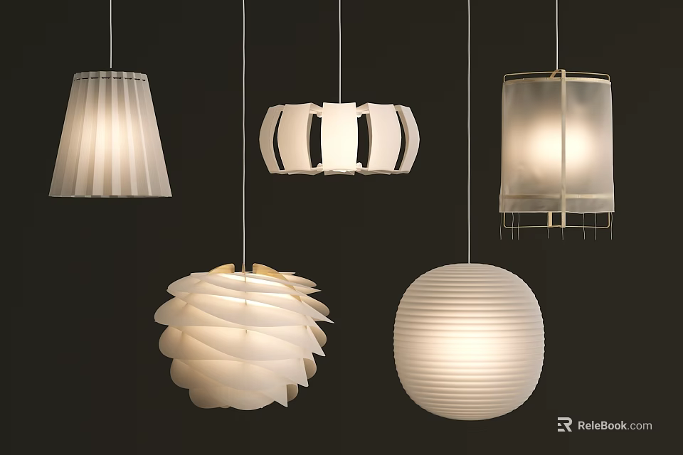 Modern White Chandeliers With Pleated Striped And Spherical Design Styles For Interior Lighting 3d model 