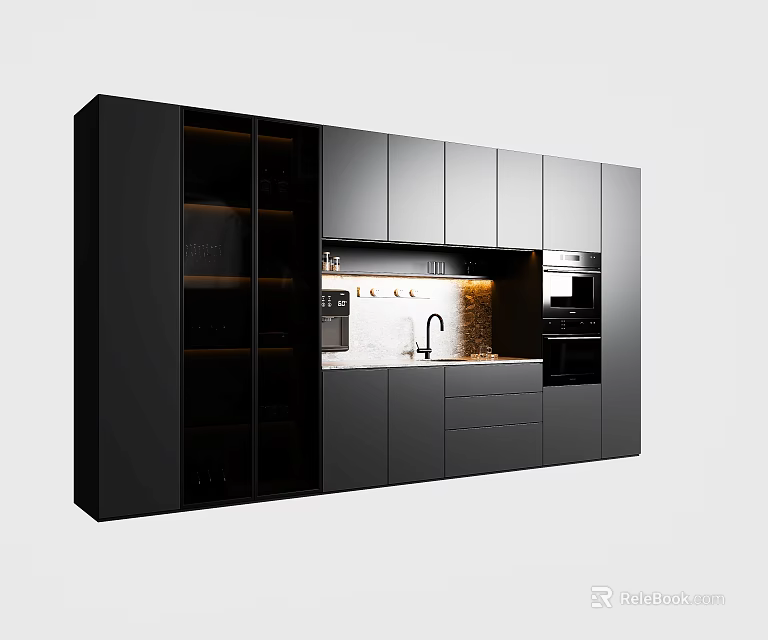 Modern Black Wine Cabinet In Kitchen Interior With Cabinets And Appliances 3d model 