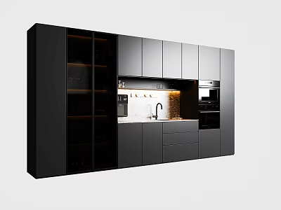Modern Black Wine Cabinet In Kitchen Interior With Cabinets And Appliances 3d model