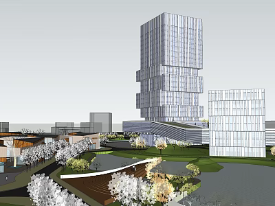 Modern High Rise Office Building With Glass Facade Green Landscaping And Water Features 3d model
