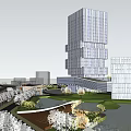 Modern High Rise Office Building With Glass Facade Green Landscaping And Water Features