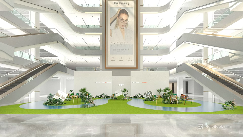 Fashion Runway In Indoor Grand Hall With Greenery Water Feature And Backdrop Poster Setup 3d model 