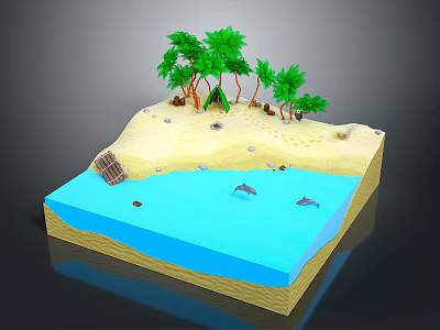3D Tropical Island Scene With Sandy Beach Green Trees Blue Water And Dolphins 3d model