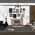 Modern Living Room Interior With Black Sofa Chandelier Framed Artworks Fireplace Beige Walls And Plants