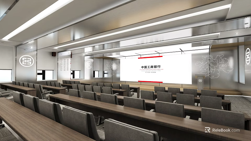 Modern Conference Room Interior With Spacious Layout Arranged Tables Chairs Linear Lighting And Projection Screen 3d model 