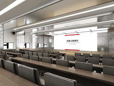 Modern Conference Room Interior With Spacious Layout Arranged Tables Chairs Linear Lighting And Projection Screen 3d model