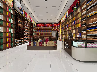 Tobacco and Liquor Store Interior With Shelves Displaying Various Wines and Tobacco Products 3d model