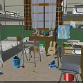 Dorm Room Interior With Bunk Beds Green Walls Plaid Curtains Desk Guitar And Scattered Items