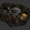 Various Colored Spiders With Mechanical Biological Features On Dark Base
