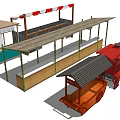 Commercial Equipment Including Various Mobile Vending Carts And Wooden Stalls With Striped Awnings