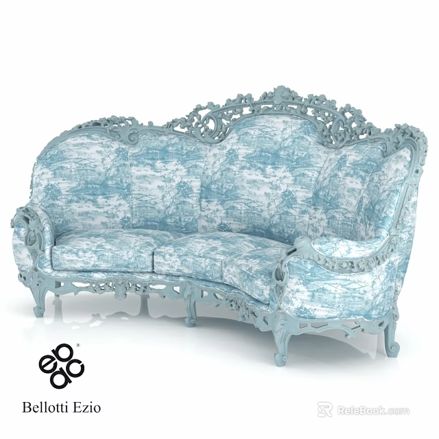 Blue Two Seater Sofa With Ornate Carvings And Patterned Upholstery Classic Design 3d model 