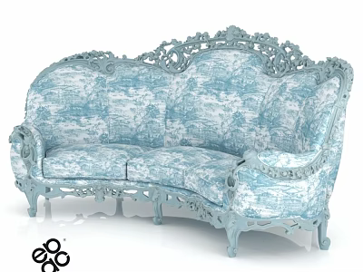 Blue Two Seater Sofa With Ornate Carvings And Patterned Upholstery Classic Design 3d model