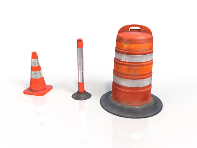 Orange Traffic Safety Equipment With Cones Bollard And Drum Reflective Stripes 3d model
