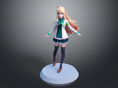 Game Anime Character 3D Model Blonde Hair Green White School Uniform Standing Pose Pedestal Base 3d model
