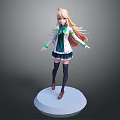 Game Anime Character 3D Model Blonde Hair Green White School Uniform Standing Pose Pedestal Base