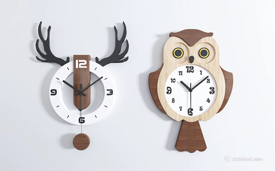 Decorative Animal Shaped Wall Clocks with Deer Antlers and Owl Design 3d model 