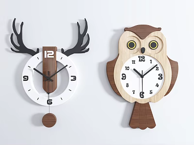 Decorative Animal Shaped Wall Clocks with Deer Antlers and Owl Design 3d model