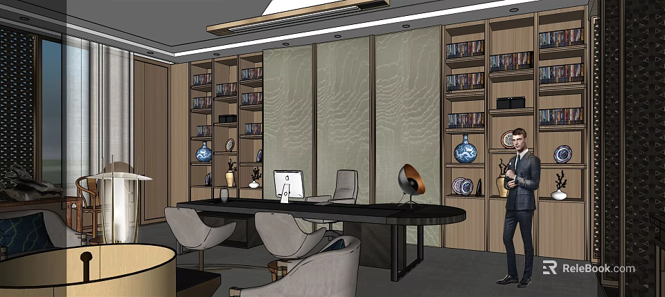 Modern Office Interior Design With Large Desk Comfortable Chairs Wooden Bookshelves And Decorative Items 3d model 