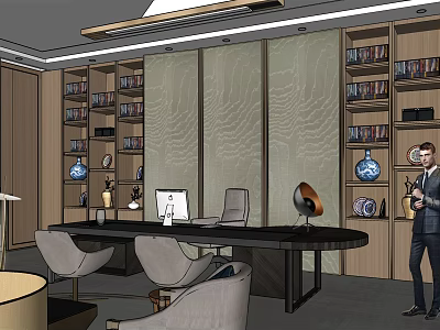 Modern Office Interior Design With Large Desk Comfortable Chairs Wooden Bookshelves And Decorative Items 3d model