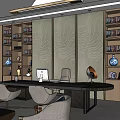 Modern Office Interior Design With Large Desk Comfortable Chairs Wooden Bookshelves And Decorative Items