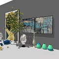 Modern Decorative Ornament Set Featuring Geometric Wall Art Yellow Flower Bouquet White Sculptures Blue Teapot