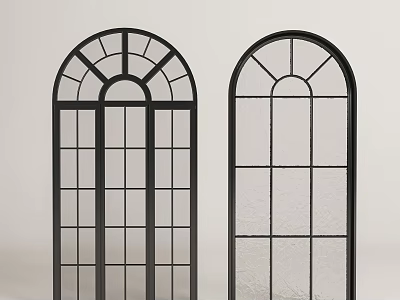 Two Arched Windows With Black Metal Frame And Grid Glass Design 3d model