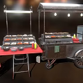 Grilled Skewers At Food Stall With Multiple Trays Red Chairs Black Tables And Condiment Bottles