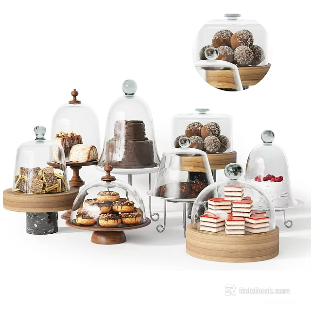 Assorted Desserts Display With Glass Domes Wooden Bases Cakes And Chocolate Truffles 3d model 