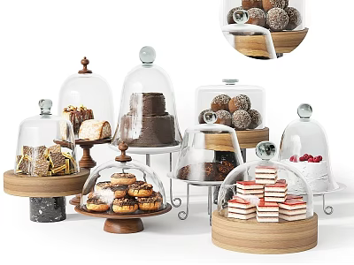 Assorted Desserts Display With Glass Domes Wooden Bases Cakes And Chocolate Truffles 3d model