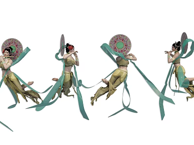 Graceful Traditional Female Characters With Ornate Fans Flowing Ribbons And Mythical Attire 3d model