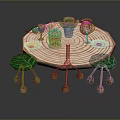 Round Wooden Outdoor Table Decorated With Green Leaf Shaped Stools Pink Flower Mug And Plates