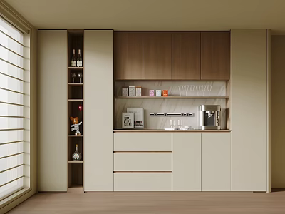 Modern Wine Cabinet Interior Design With Wooden Cabinets Drawers And Glassware 3d model