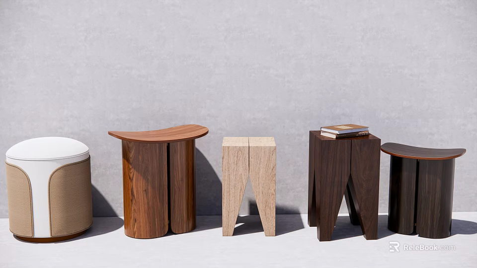 Various Wooden Stools With Curved Tops And Different Leg Designs Against Minimalist Gray Background 3d model 